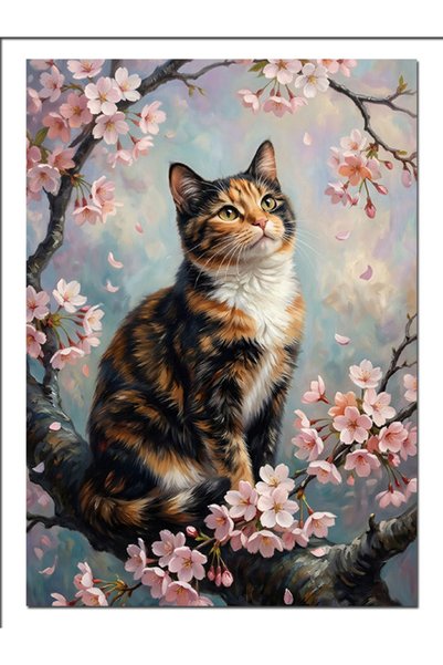 karizmart Pembe Sakura Dalında Kedi Portre Dekoratif Kanvas - Mdf Ahşap Tablo