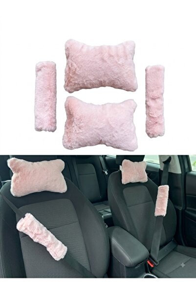 Peluş Ortopedik Araba Seyahat Boyun Yastığı Emniyet Kemer Pedi Seti Pudra Pembe