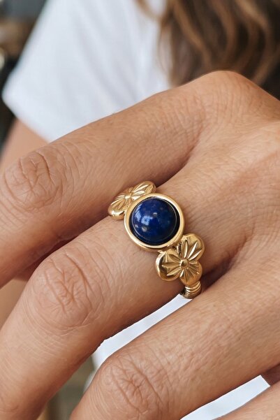 NBS Beautiful Naturel Stones Steel Ring with Lapis Lazuli Stone Adjustable Ring