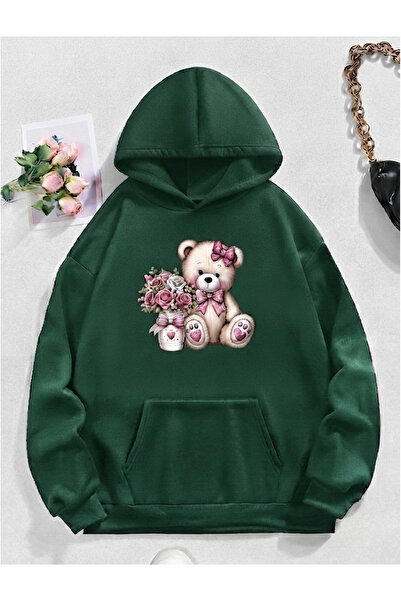 uyguntarz Unisex Cute Teddy Bear Printed Oversize Hooded Sweatshirt