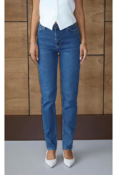 Moda Days Women's Blue Buckle High Waist Classic Cut Narrow Leg Button Detail...