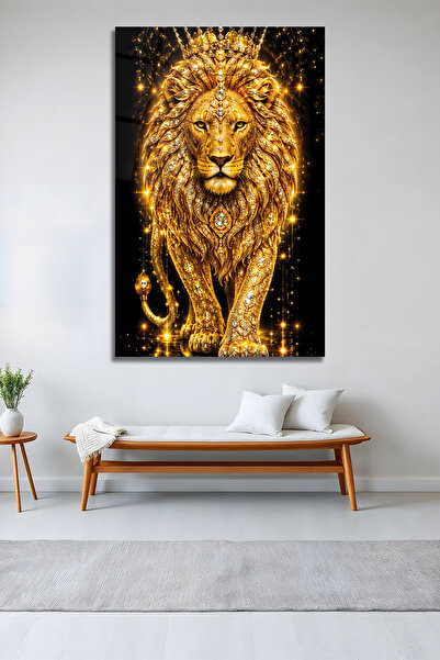 AltmışAltı Gold Taçlı Lüks Taş İşlemeli Altın Sarısı Aslan Figürlü Temperli C...