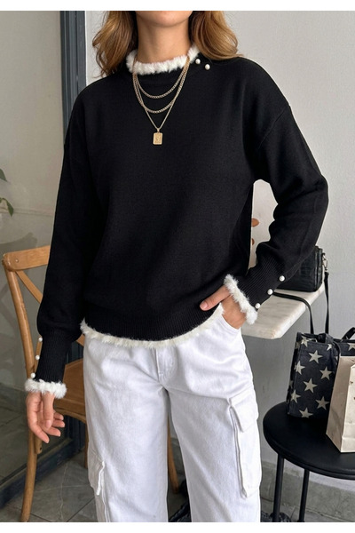 VARENZEA Women's Luxury Knitwear Sweater Black Pearl Detailed Furry Turtlenec...