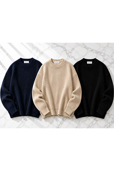 DepoExport Women's 3-Piece Crew Neck Oversize Knitwear Sweater Soft Knitted S...