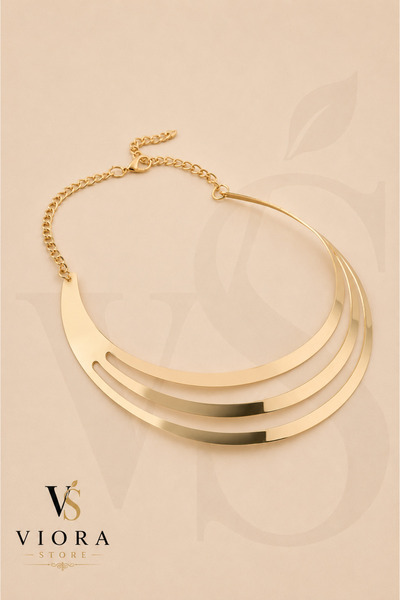 Viora Store Golden Wave Üç Sıra Gold Yaka Kolye