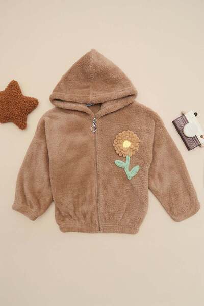 Fulla Moda Floral Embroidered Zippered Girls' Plush Coat