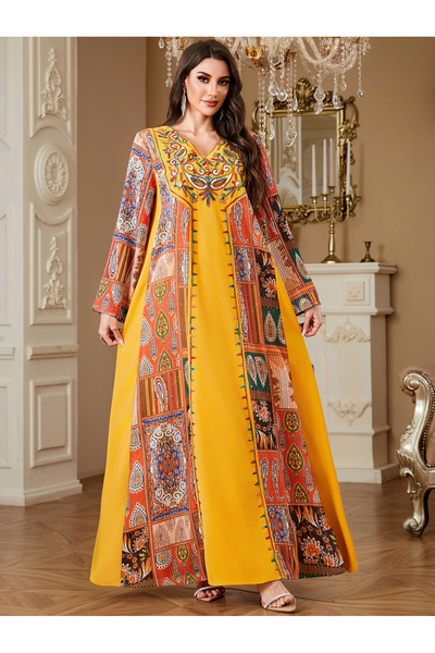 Take Two By Styli Yellow V-Neck Embroidered Maxi Jalabiya