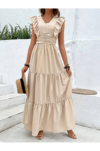 Take Two By Styli Beige Ruffle Sleeve Tiered Maxi Dress