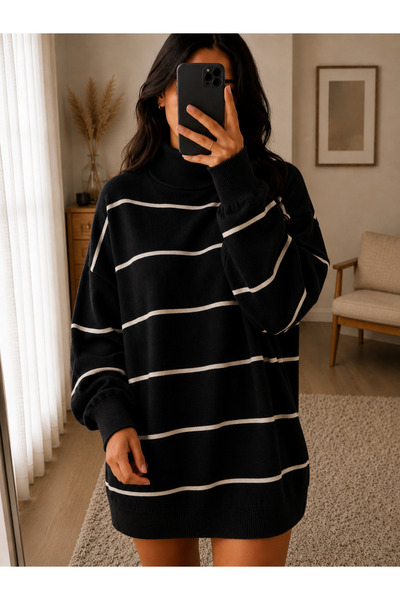 DepoExport Women's Half-Throat Striped Knitwear Sweater Oversize Loose Design