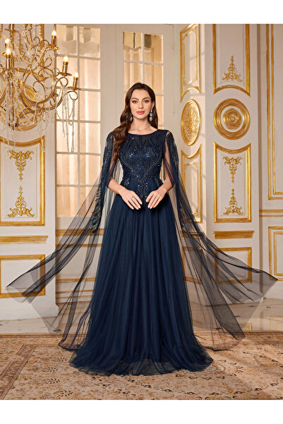SUPGIR Navy Blue Embellished Mesh Cape A-Line Maxi Evening Dress