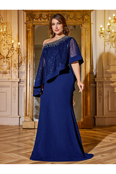 SUPGIR Plus Size Dark Blue Beaded Shoulder Mermaid Maxi Dress