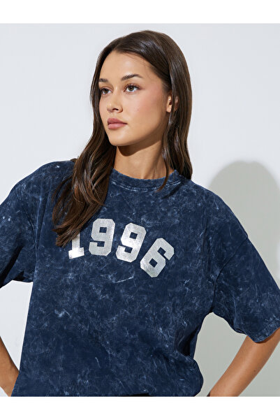 Styli Navy Blue Slogan Print Acid Wash Oversized T-Shirt