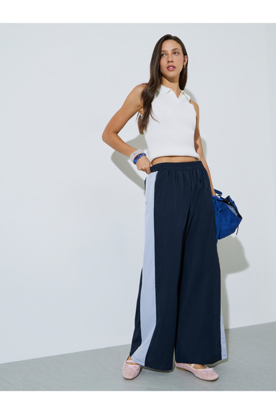 Styli Navy Blue Contrast Side Panel Wide Leg Joggers