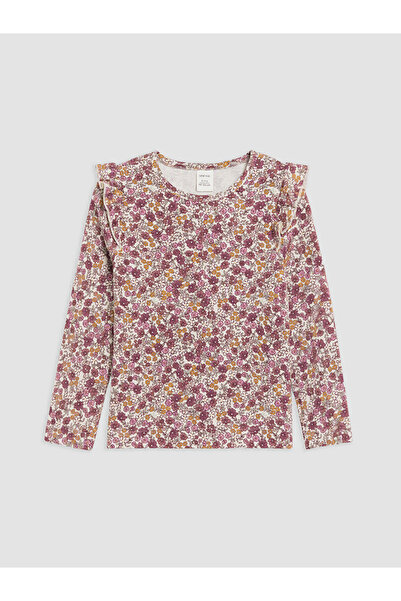LC Waikiki Crew Neck Floral Printed Girls' Ruffle T-Shirt