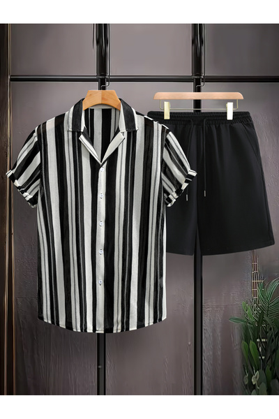 Take Two By Styli Men Striped Knitted Shirt and Shorts Co-Ords