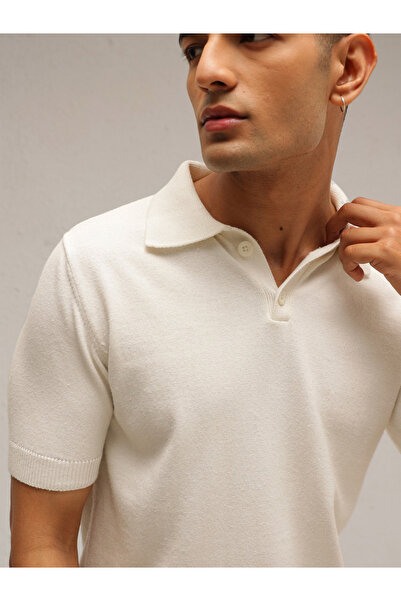 Mascln Sassafras By Styli Men Off White Relaxed Fit Knitted Polo T-Shirt