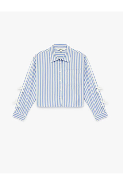 Koton Classic Collar Long Sleeve Relaxed Fit Poplin Striped Crop Shirt with Bow