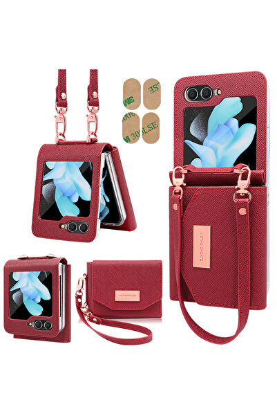 Choice9 For Samsung Z Flip 4 red Girls Hand Strap Wallet Leather Phone Case F...