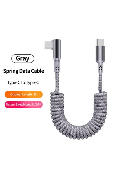 Choice6 1.5m Grey LR C-C Elbow Coiled USB A to USB C Cable for Car,Retractabl...
