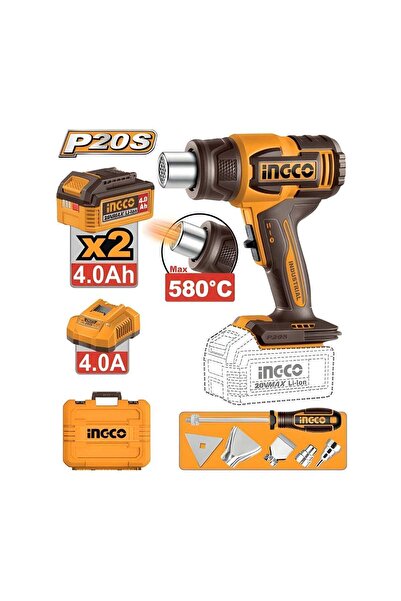 Ingco 20V Cordless Heat Gun, 300°C/580°C, 100/200L/min, 2x 4.0Ah Batteries, 5...