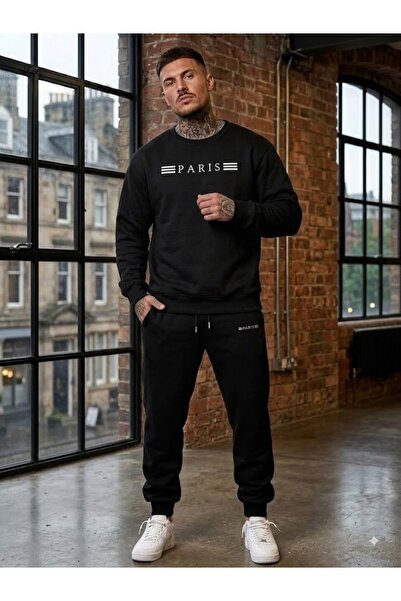 WOODROFFE Unisex Three Stripes Paris Printed Crew Neck Tracksuit Set Oversize