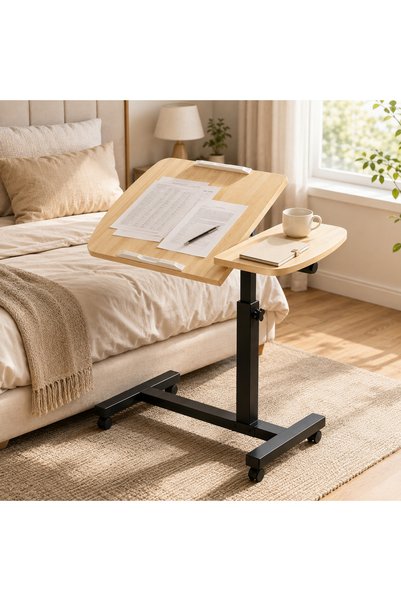 Generic Brand Movable height-adjustable table, solid wood tabletop, with wheels - compact mobile storage side table - metal frame, natural wood color, side table, sofa worktable, height adjustable