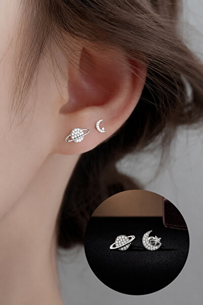 TREND COLLECTİON Women's Silver Moon Star and Planet Figured Minimal Stone Ea...