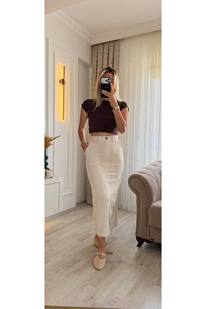 Hiloş Boutique Cream Linen Blend Maxi Skirt with Front Stitching and Pocket