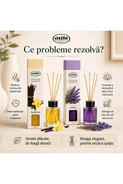 AUM Set Difuzoare Aromatice – 2 Arome Diferite (Vanilie & Lavandă) – 2×50 ml – Parfum de Cameră cu Bețișoare