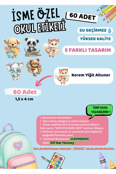 VORACRAFT İsme Özel Okul Etiketi Tatlı Hayvan 60 Adet Yüksek Kalite Su Geçirm...