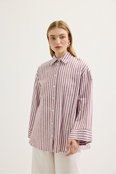 KADRİYE BAŞTÜRK Striped Oversize Linen Shirt Burgundy