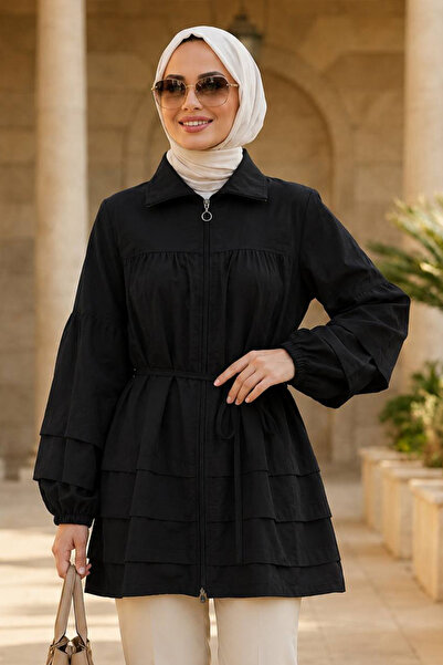 N.S NEVA STYLE Ruffle Detailed Black Zippered Hijab Tunic 15131S