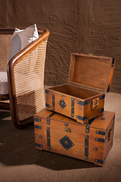 GÖNÜL Natural Handmade Set of 2 Wooden Chests Decorative Organizer Multi-Purp...