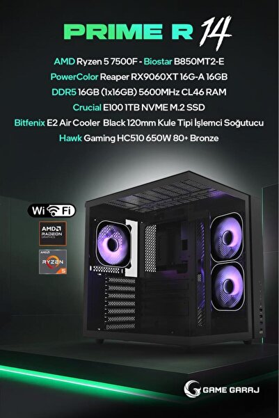 Game Garaj Prime R14 AMD R5 7500F 16GB RX9060XT 16GB RAM 1TB SSD FreeDOS Oyun...