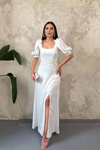 Elbee Fashion Woman Εκρού Σατέν Φόρεμα με Σκίσιμο