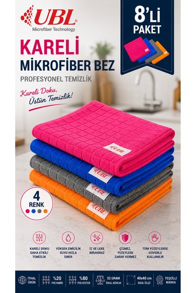 UBL kareli mikrofiber mutfak bezi 8'li set 40x40 cm çok amaçlı süper emici