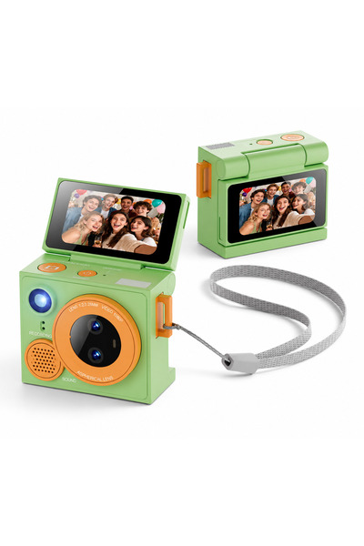 Bubitechh Mini Kamera 1080P Çift Kamera Döndürülebilir Ekran Kompakt Dijital Fotoğraf Makinesi Yeşil