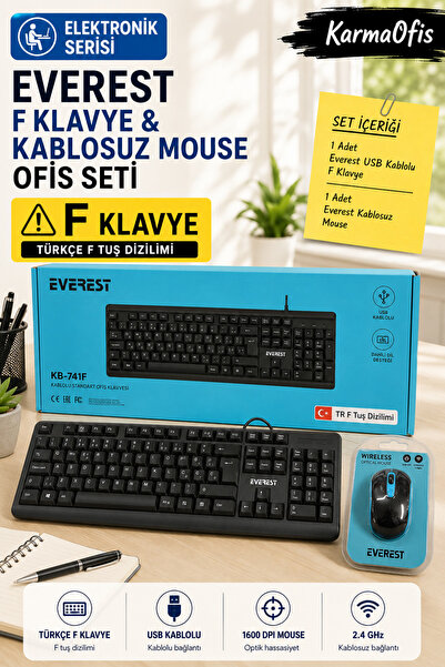 Everest F Klavye ve Kablosuz Mouse Seti | USB Kablolu Türkçe F Klavye 1600 DP...