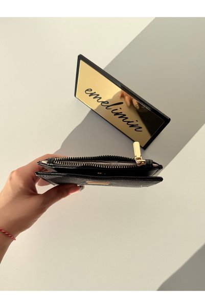 emelimin Women's Black Glittery Wallet – Zippered Shiny Metallic Mini Wallet