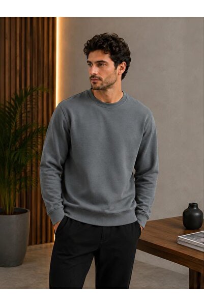 Antrasit Renk Basic Bisiklet Yaka Relaxed Regular Erkek Sweatshirt