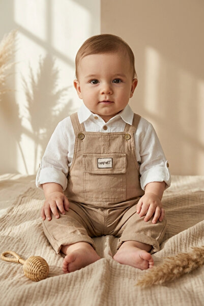 DYZSTAR Dyzstarebaby Boy Coffee Linen Textured Salopet and White Shirt Set - ...
