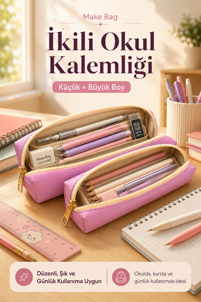MAKE BAG 2'Lİ OKUL KALEMLİK SETİ BÜYÜK VE KÜÇÜK BOY ÖĞRENCİ KALEM KUTUSU