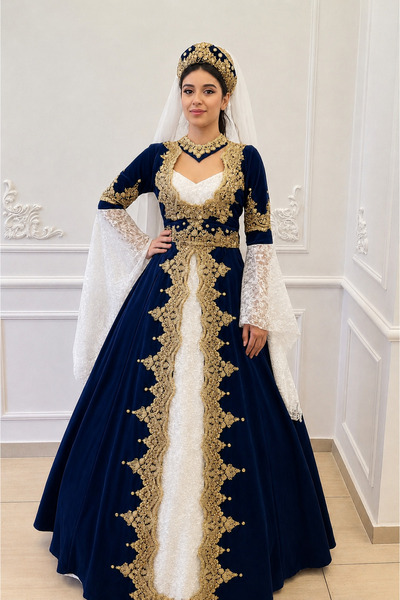atölyekaftanbutik Navy Blue Gold Velvet Kaftan with Bindall