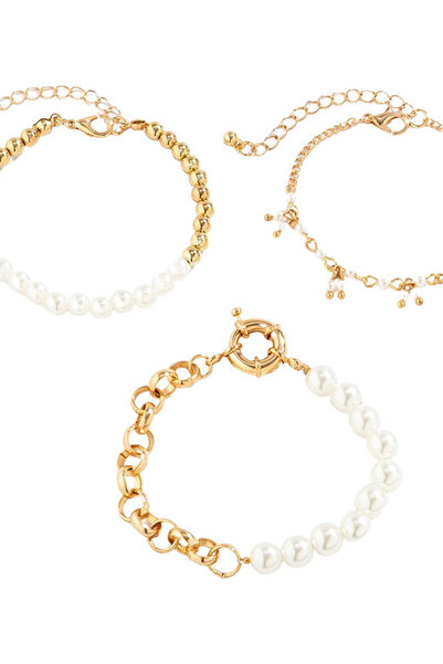 VeeShop Set 3 bratari elegante, lantisoare cu perle albe, margele aurii si za...