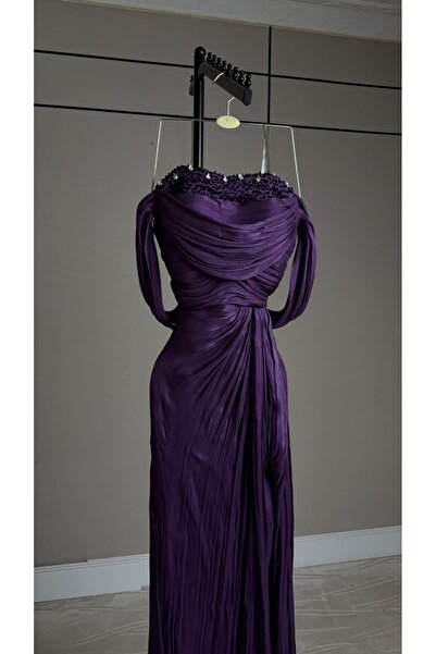 Bamah Purple Shiny Sequin Long Dress Glamorous and Elegant Off-The-Shoulder D...