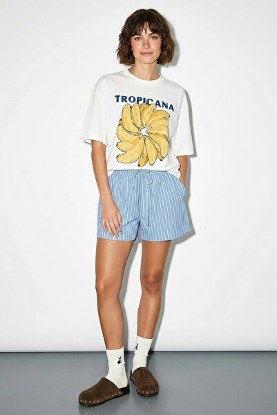 Şeker Portakalım Women's Crew Neck Cotton Banana Print Oversize White T-Shirt