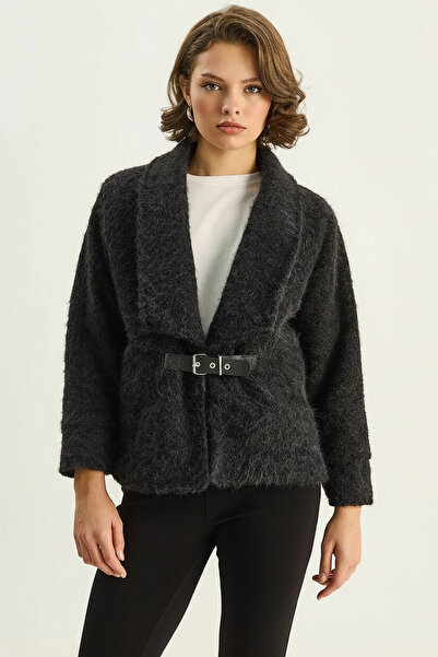 Efnaz style Women's Belted Lined Felt Black Jacket Coat