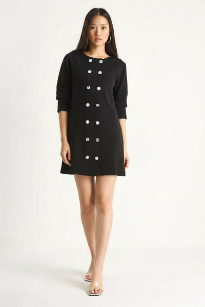 Generic Brand Women's Crew Neck Button Detailed Knitwear Black Dress