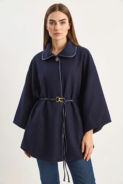 Generic Brand Women's Pocket Detailed Belted Cashmere Poncho Navy Blue