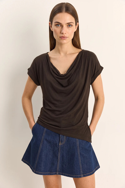 Generic Brand Women's Gathered Waist, Asymmetrical Cut, Brown Blouse
